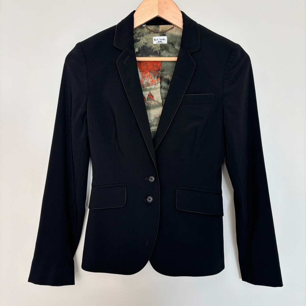 Paul Smith‎ Blue Black Blazer Pearl Cuff Buttons Landscape Print Lining IT40
